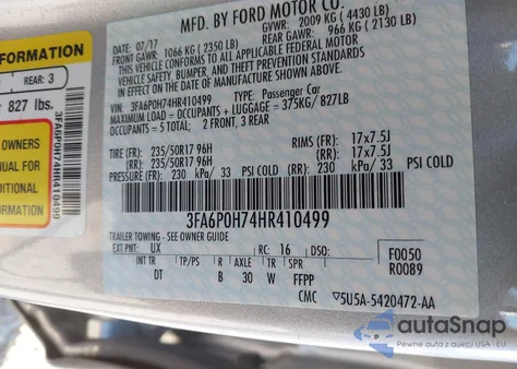 2017 Ford Fusion Se из США, поврежденный, VIN 3FA6P0H74HR410499